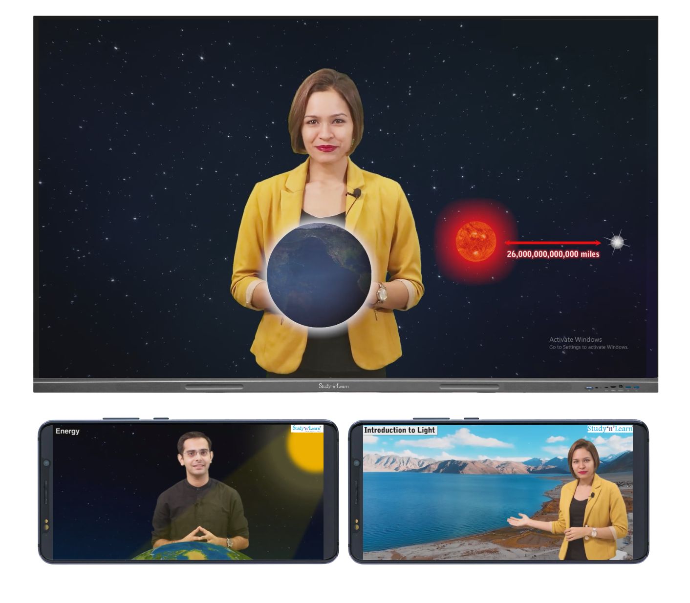 Interactive Flat Panel showing an anchor-based Energy video lesson, alongside the Study'n'Learn app on mobile