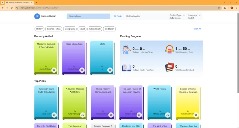 Study'n'Learn Digital Library audiobooks dashboard with listening progress and top picks