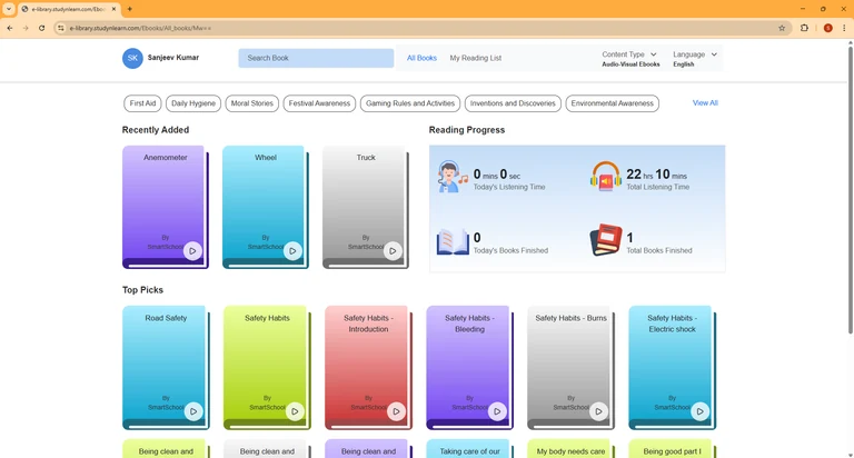 Study'n'Learn Digital Library audio-visual e-books dashboard with animated video content